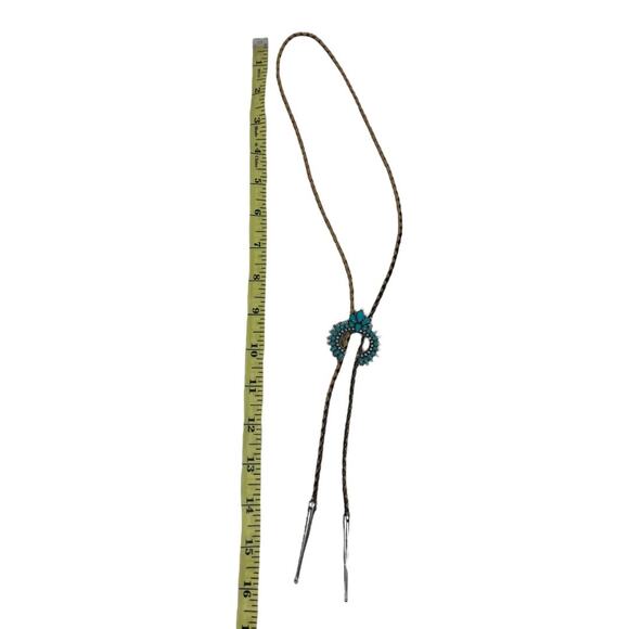 Boho Western Faux Turquoise Bolo Tie Necklace Squash Blossom Brown Tan Rodeo - Picture 5 of 5